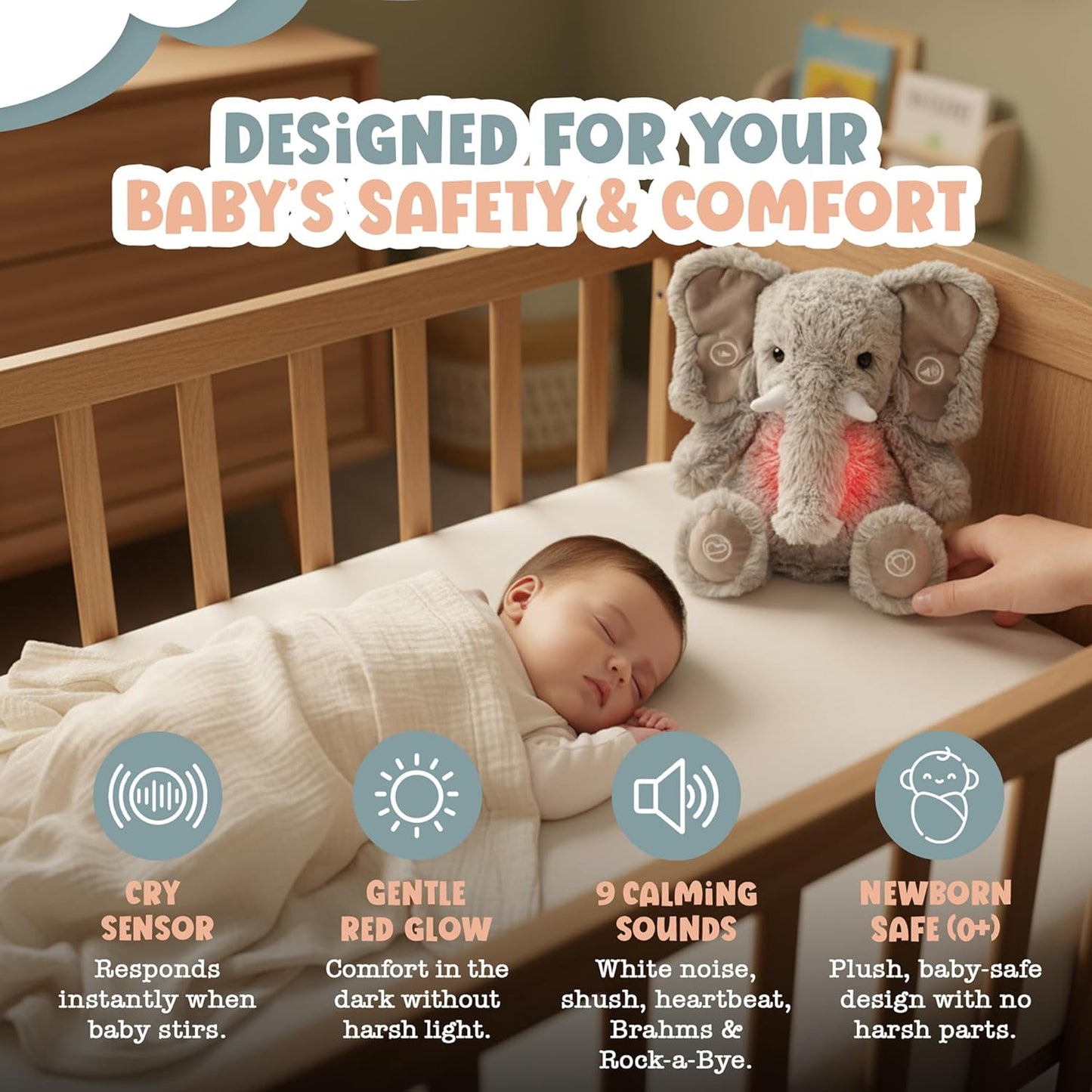 Gemma Joy Baby Sleep Soother Elephant 11 Inch – Cry Activated Heartbeat Stuffed Animal, Rechargeable Crib Soother with White Noise, Shush, Lullabies and Night Light – Newborn Baby Gift