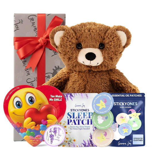 Gemma Joy Gift Set – Baby Plush Bear, Valentine Heart Chocolate, StickyOnes Kids Sleep Patches 30 Count and Adult Sleep Patches 30 Count – Melatonin-Free Sleep Stickers for Kids and Adults
