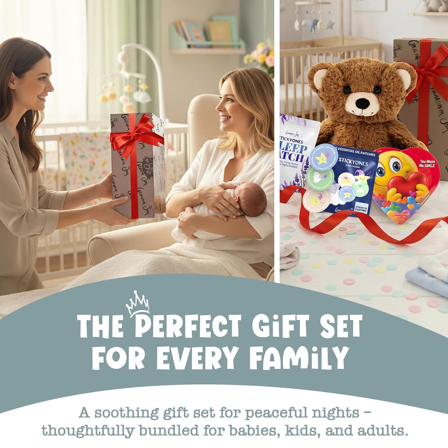 Gemma Joy Gift Set – Baby Plush Bear, Valentine Heart Chocolate, StickyOnes Kids Sleep Patches 30 Count and Adult Sleep Patches 30 Count – Melatonin-Free Sleep Stickers for Kids and Adults