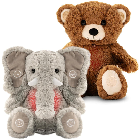 Gemma Joy Baby Sleep Soother Bundle – Cry Activated Heartbeat Elephant and Brown Bear, 2-Pack Plush Stuffed Animals with White Noise, Lullabies and Night Light, Both USB Rechargeable