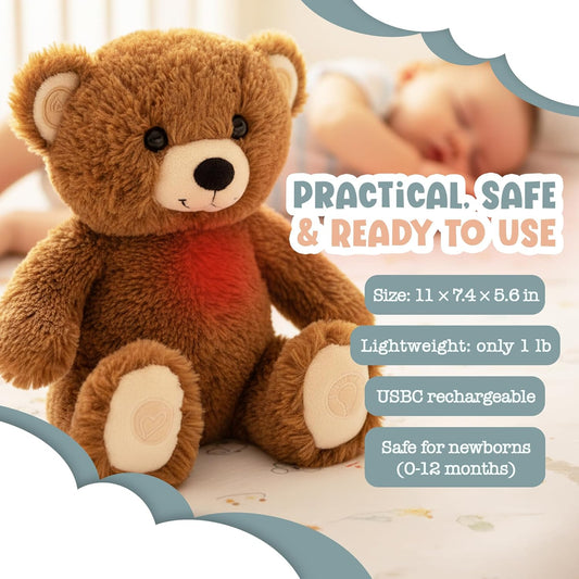 Gemma Joy Baby Sleep Soother Brown Bear for Baby โ Cry Activated Heartbeat Stuffed Animal โ Rechargeable Crib Soother with White Noise, Shush, Lullabies & Night Light