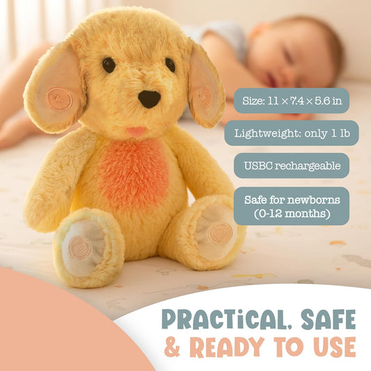 Gemma Joy Baby Sleep Soother Puppy for Baby โ Cry Activated Heartbeat Stuffed Animal โ Rechargeable Crib Soother with White Noise, Shush, Lullabies & Night Light