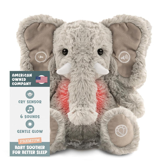 Gemma Joy Baby Sleep Soother Elephant 11 Inch β Cry Activated Heartbeat Stuffed Animal, Rechargeable Crib Soother with White Noise, Shush, Lullabies and Night Light β Newborn Baby Gift