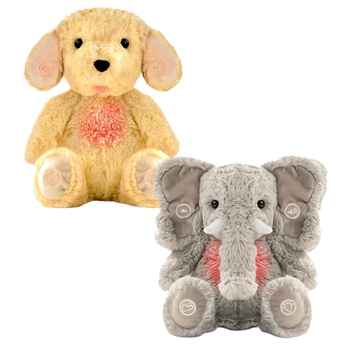 Gemma Joy Baby Sleep Soother Bundle – Cry Activated Heartbeat Elephant (Rechargeable) and Puppy (Rechargeable), 2-Pack Plush Stuffed Animals with White Noise, Lullabies and Night Light for Newborns