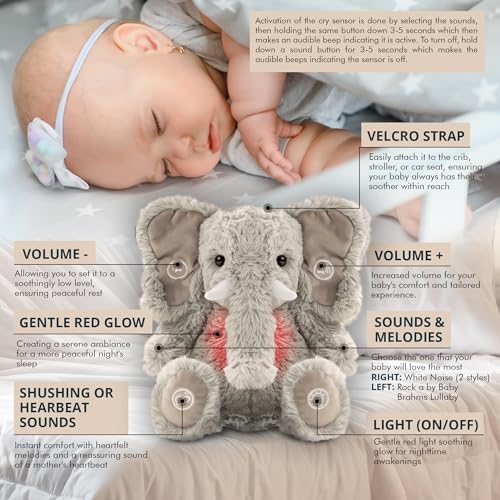 Gemma Joy Baby Sleep Soother Bundle – Cry Activated Heartbeat Elephant and Brown Bear, 2-Pack Plush Stuffed Animals with White Noise, Lullabies and Night Light, Both USB Rechargeable