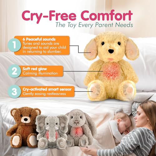 Gemma Joy Baby Sleep Soother Bundle – Cry Activated Heartbeat Bunny (Non-Rechargeable) and Puppy (Rechargeable), 2-Pack Plush Stuffed Animals with White Noise, Lullabies and Night Light for Newborns