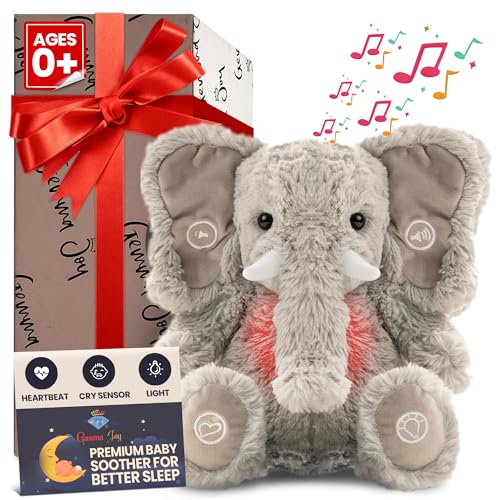 Gemma Joy Baby Sleep Soother Bundle – Cry Activated Heartbeat Elephant (Rechargeable) and Puppy (Rechargeable), 2-Pack Plush Stuffed Animals with White Noise, Lullabies and Night Light for Newborns