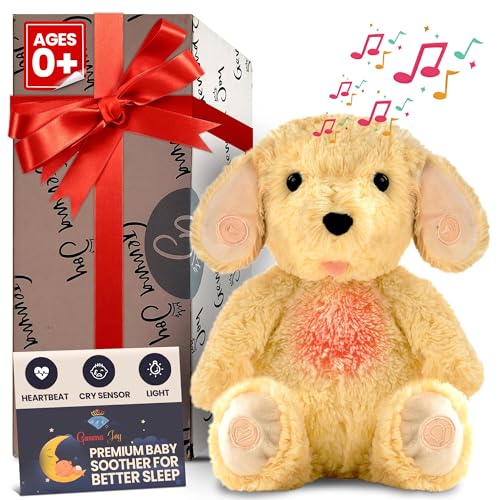 Gemma Joy Baby Sleep Soother Bundle – Cry Activated Heartbeat Elephant (Rechargeable) and Puppy (Rechargeable), 2-Pack Plush Stuffed Animals with White Noise, Lullabies and Night Light for Newborns