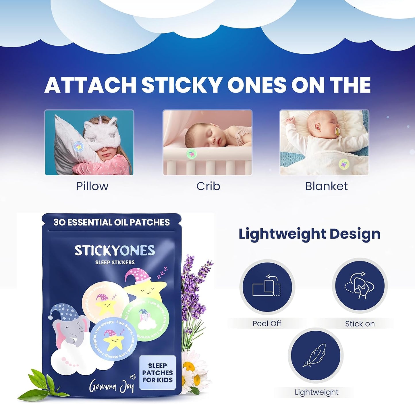 Gemma Joy Sleep Bundle – Cry Activated Heartbeat Puppy Soother and StickyOnes Kids Sleep Patches 30 Count, Melatonin-Free Aromatherapy Stickers – Newborn Baby Gift Set