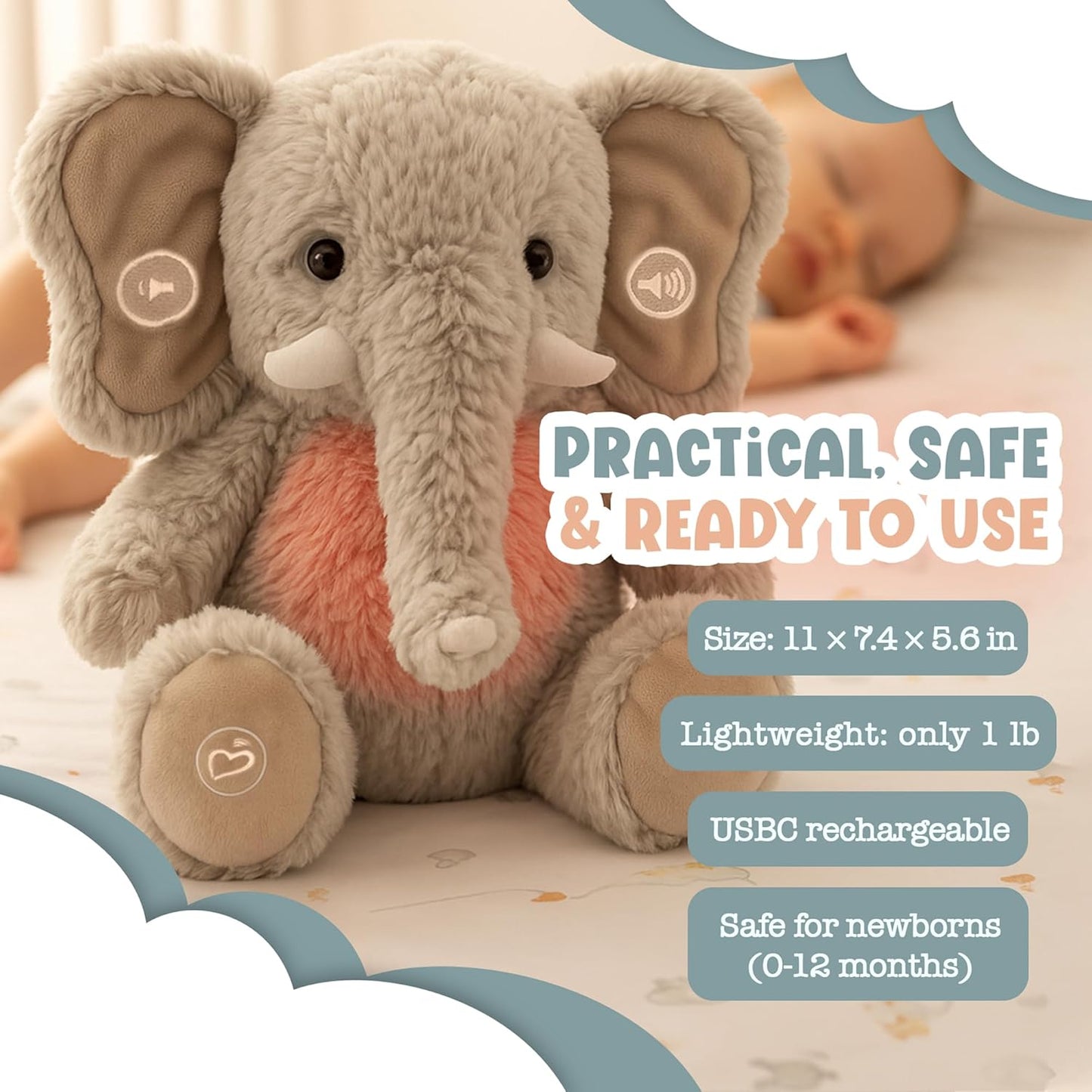Gemma Joy Baby Sleep Soother Elephant 11 Inch – Cry Activated Heartbeat Stuffed Animal, Rechargeable Crib Soother with White Noise, Shush, Lullabies and Night Light – Newborn Baby Gift