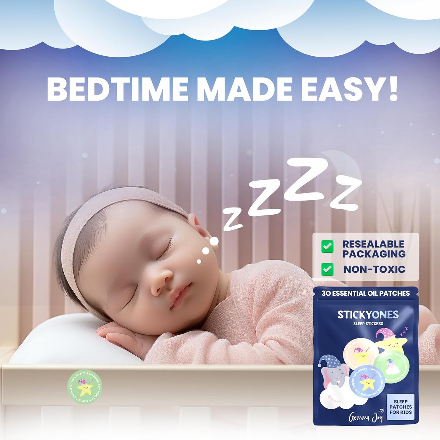 Gemma Joy Sleep Bundle – Cry Activated Heartbeat Bunny Soother and StickyOnes Kids Sleep Patches 30 Count, Melatonin-Free Aromatherapy Stickers – Newborn Baby Gift Set