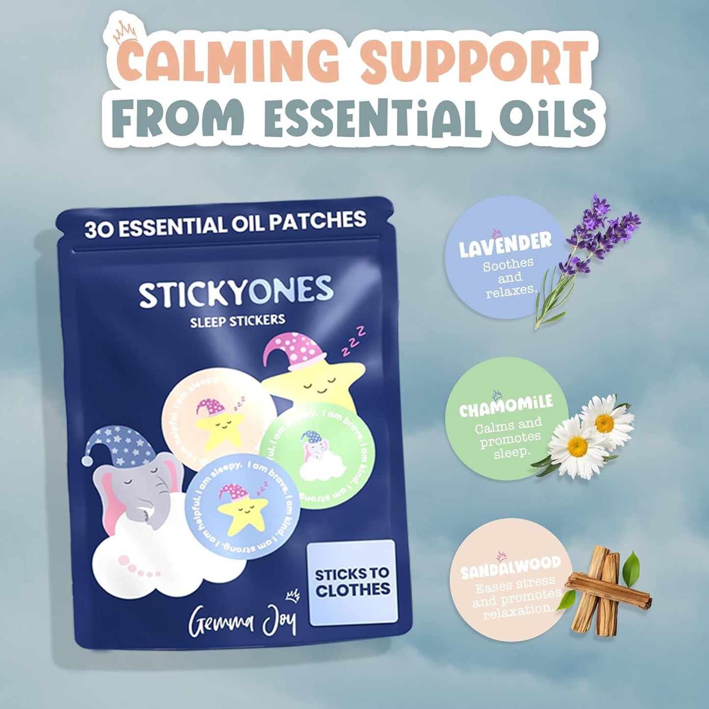 Gemma Joy Sleep Bundle – Cry Activated Heartbeat Teddy Bear Soother and StickyOnes Kids Sleep Patches 30 Count, Sandalwood, Chamomile and Lavender – Melatonin-Free Baby Gift Set