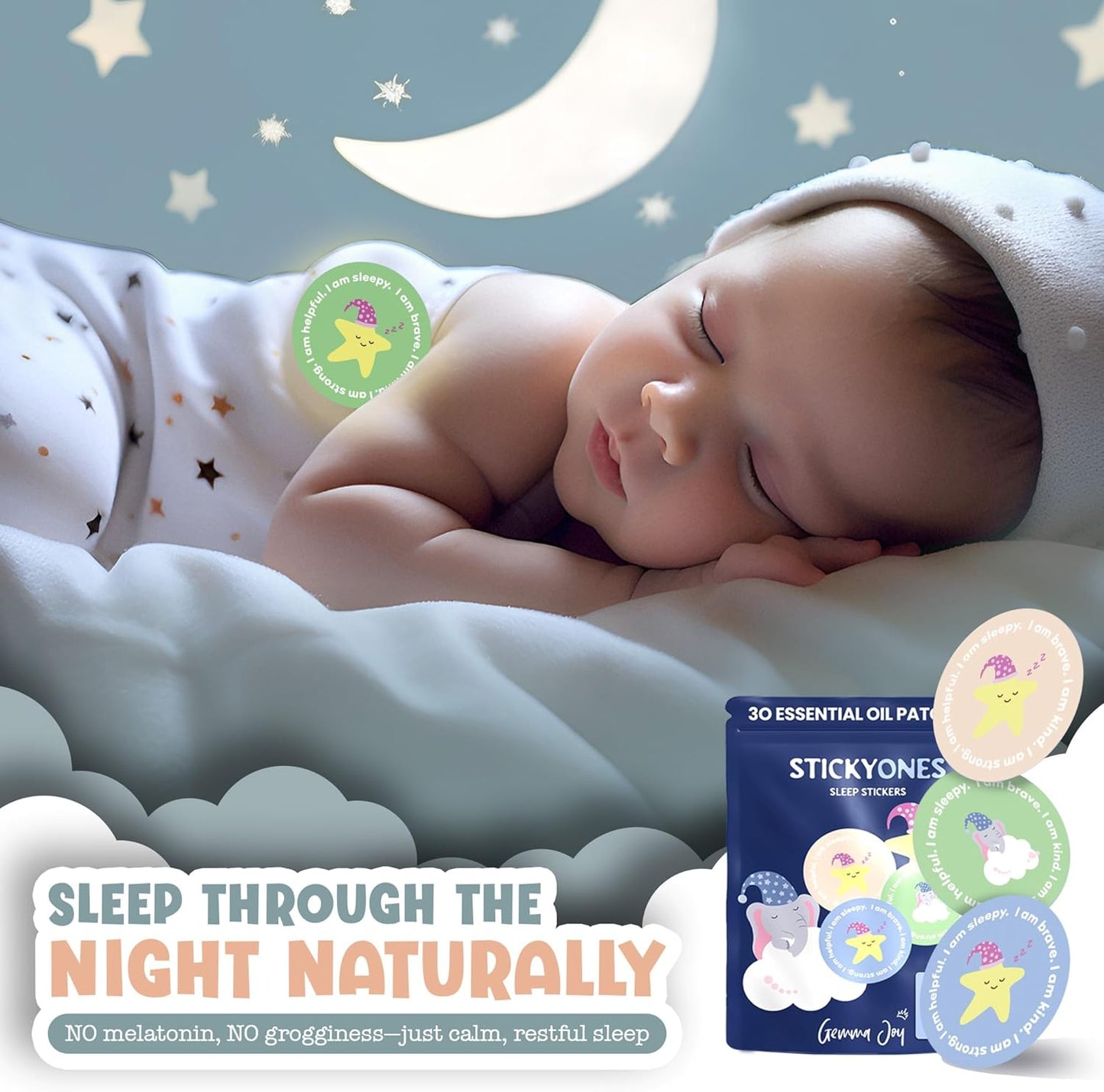 Gemma Joy StickyOnes Sleep Patches for Kids – Melatonin-Free Toddler Sleep Stickers with Lavender, Chamomile and Sandalwood, Peel and Place on Pajamas or Bedding – 30 Pack
