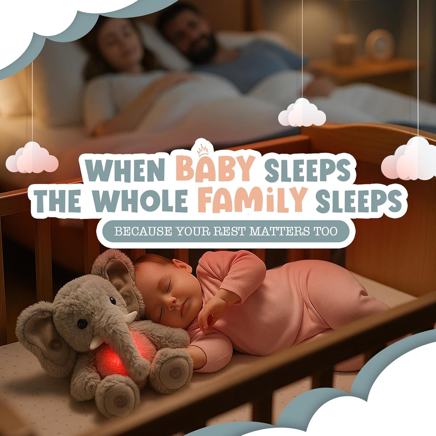 Gemma Joy Baby Sleep Soother Elephant 11 Inch – Cry Activated Heartbeat Stuffed Animal, Rechargeable Crib Soother with White Noise, Shush, Lullabies and Night Light – Newborn Baby Gift