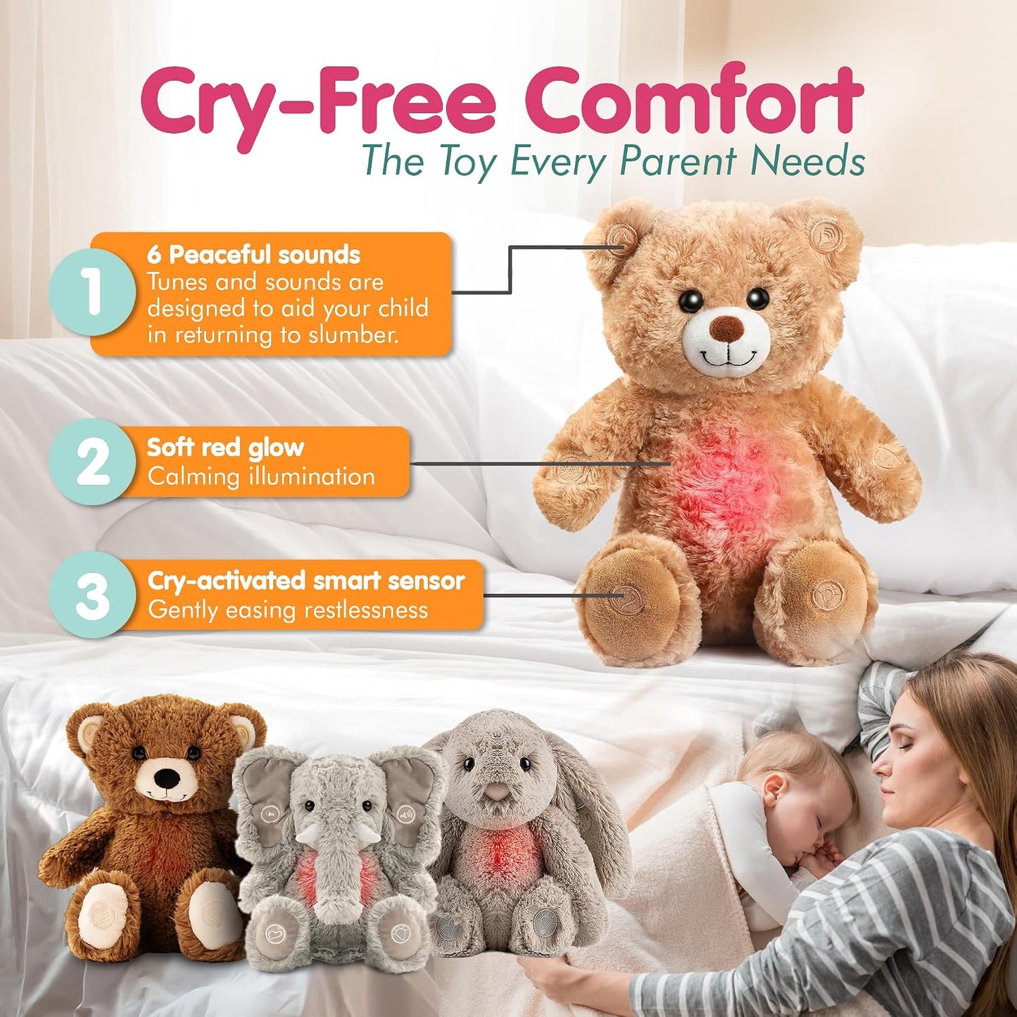 Gemma Joy Baby Sleep Soother Bundle – Cry Activated Heartbeat Bunny and Bear, 2-Pack Plush Stuffed Animals with White Noise, Lullabies and Night Light, Non-Rechargeable