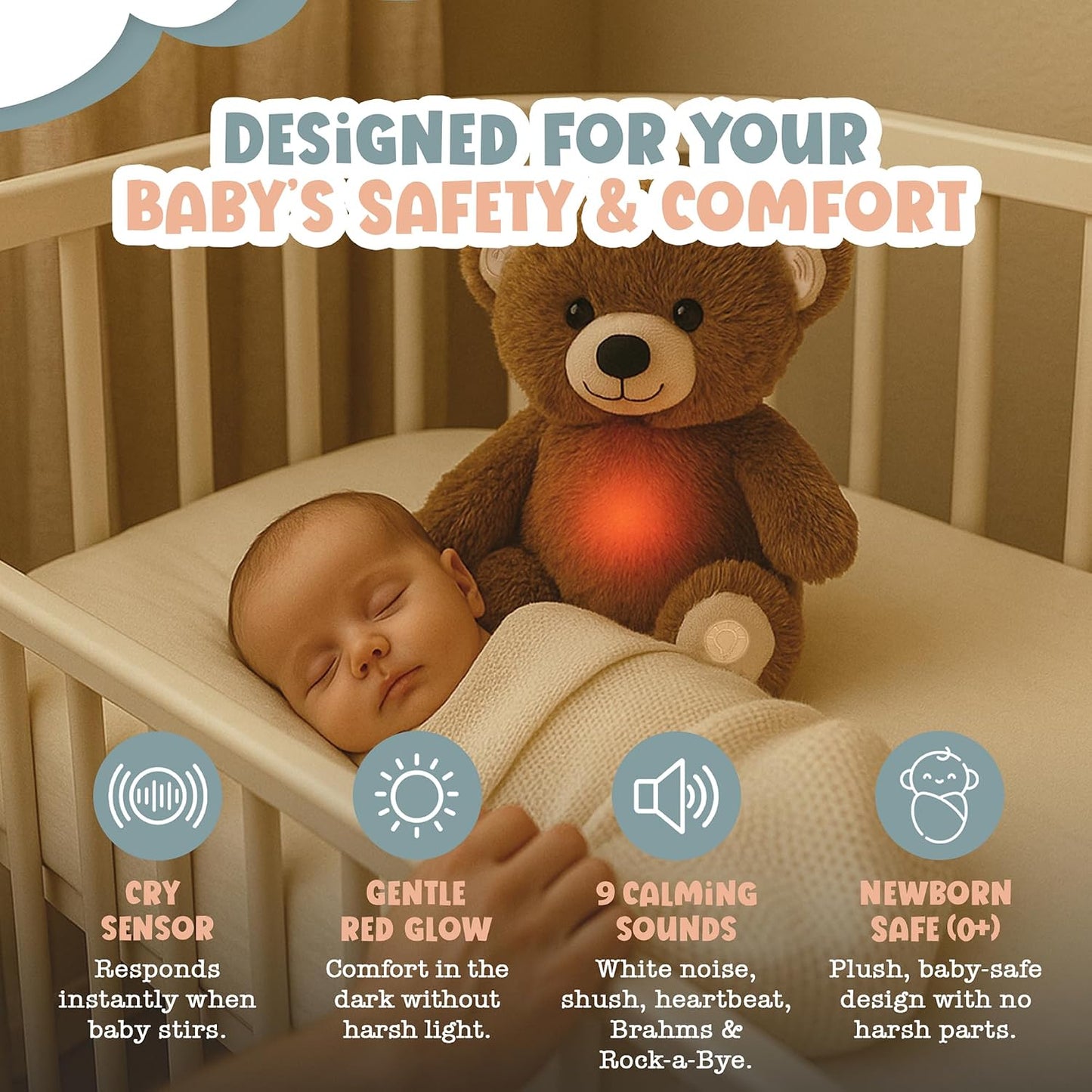 Gemma Joy Baby Sleep Soother Brown Bear 11 Inch – Cry Activated Heartbeat Stuffed Animal, Rechargeable Crib Soother with White Noise, Shush, Lullabies and Night Light – Newborn Baby Gift