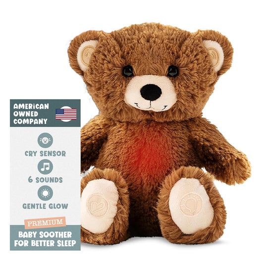 Gemma Joy Baby Sleep Soother Brown Bear 11 Inch – Cry Activated Heartbeat Stuffed Animal, Rechargeable Crib Soother with White Noise, Shush, Lullabies and Night Light – Newborn Baby Gift
