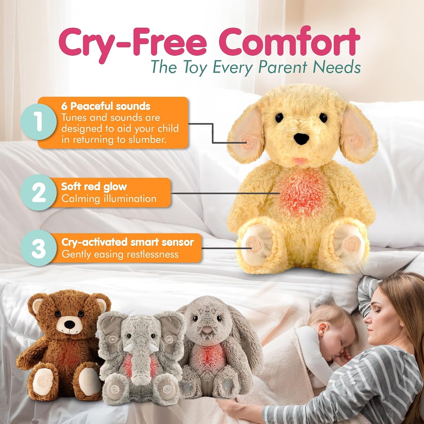 Gemma Joy Baby Sleep Soother Bundle – Cry Activated Heartbeat Elephant (Rechargeable) and Puppy (Rechargeable), 2-Pack Plush Stuffed Animals with White Noise, Lullabies and Night Light for Newborns