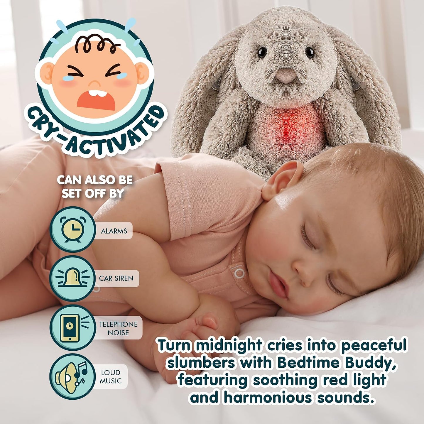 Gemma Joy Baby Sleep Soother Bundle – Cry Activated Heartbeat Bunny and Bear, 2-Pack Plush Stuffed Animals with White Noise, Lullabies and Night Light, Non-Rechargeable