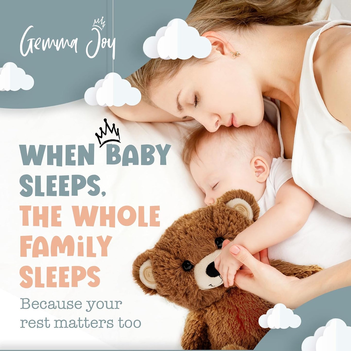 Gemma Joy Baby Sleep Soother Brown Bear 11 Inch – Cry Activated Heartbeat Stuffed Animal, Rechargeable Crib Soother with White Noise, Shush, Lullabies and Night Light – Newborn Baby Gift