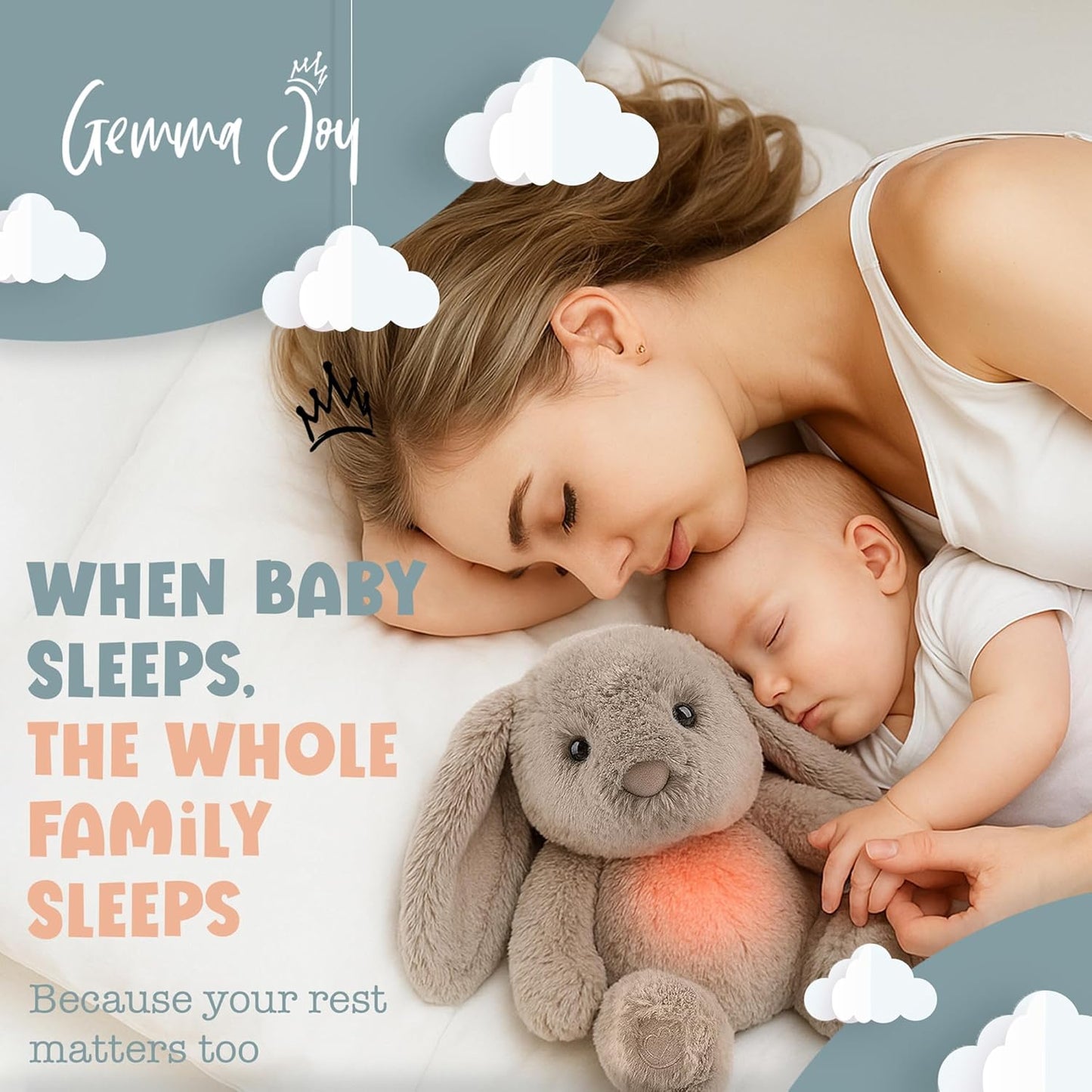 Gemma Joy Baby Sleep Soother Bunny 11 Inch – Cry Activated Heartbeat Stuffed Animal, Rechargeable Crib Soother with White Noise, Shush, Lullabies and Night Light – Newborn Baby Gift