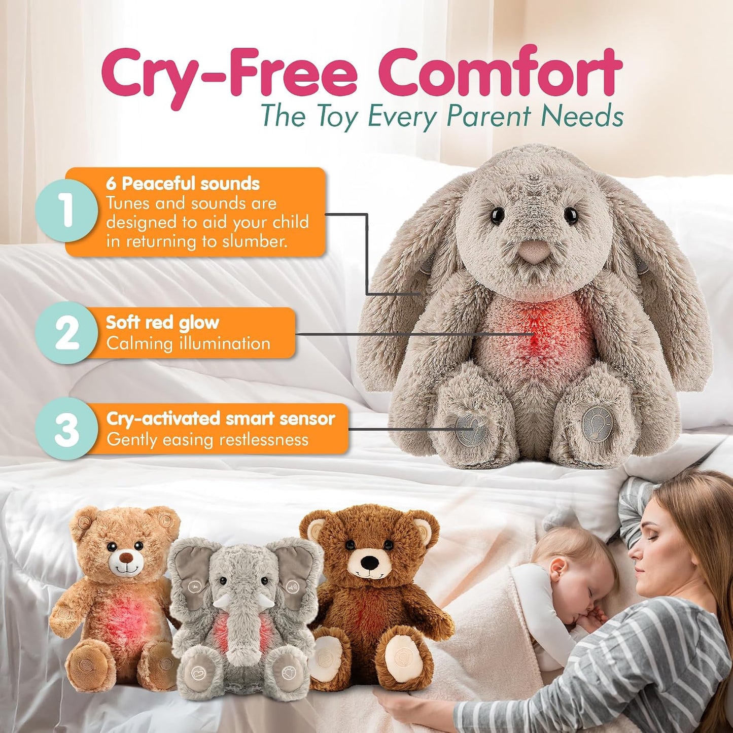 Gemma Joy Sleep Bundle – Cry Activated Heartbeat Bunny Soother and StickyOnes Kids Sleep Patches 30 Count, Melatonin-Free Aromatherapy Stickers – Newborn Baby Gift Set