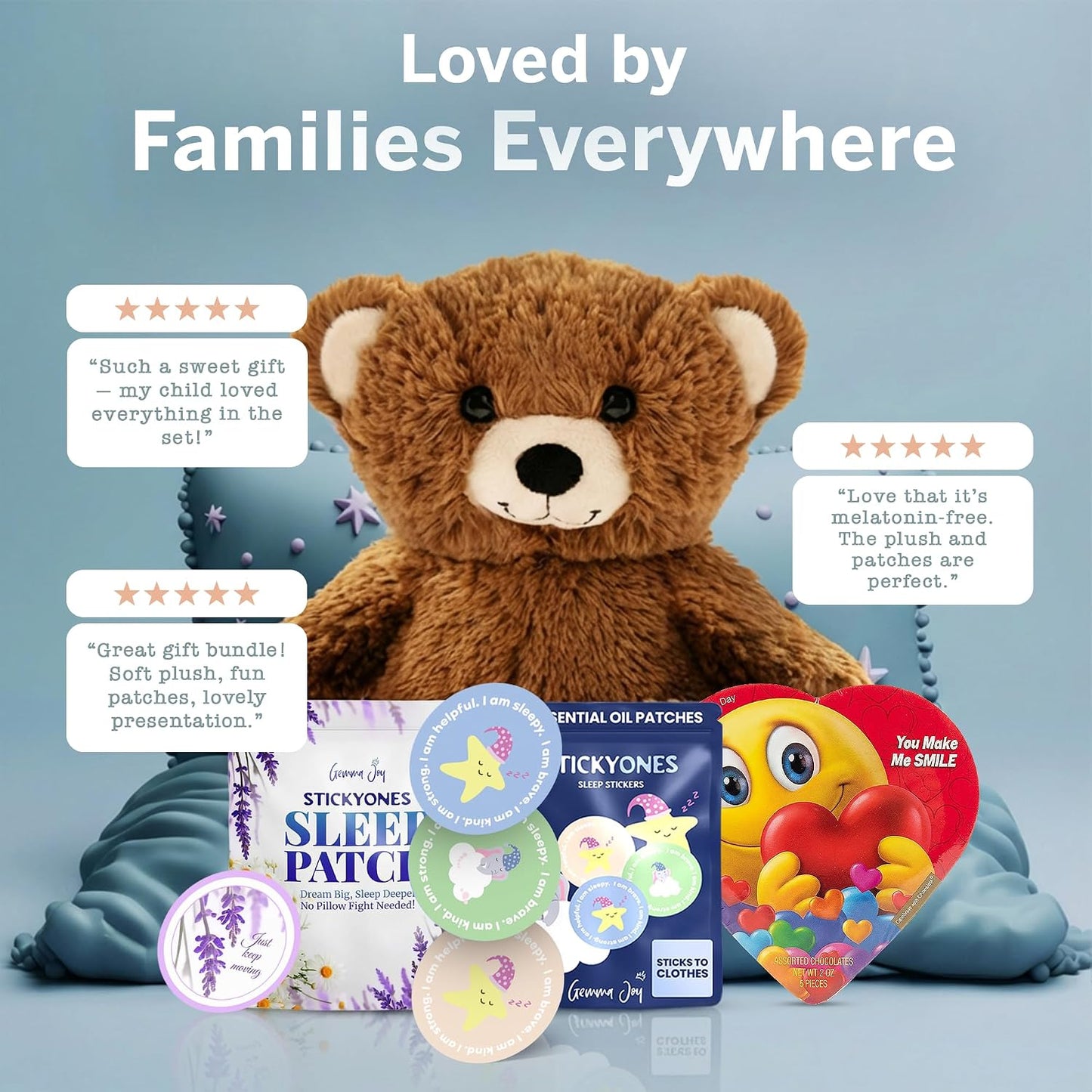 Gemma Joy Gift Set – Baby Plush Bear, Valentine Heart Chocolate, StickyOnes Kids Sleep Patches 30 Count and Adult Sleep Patches 30 Count – Melatonin-Free Sleep Stickers for Kids and Adults
