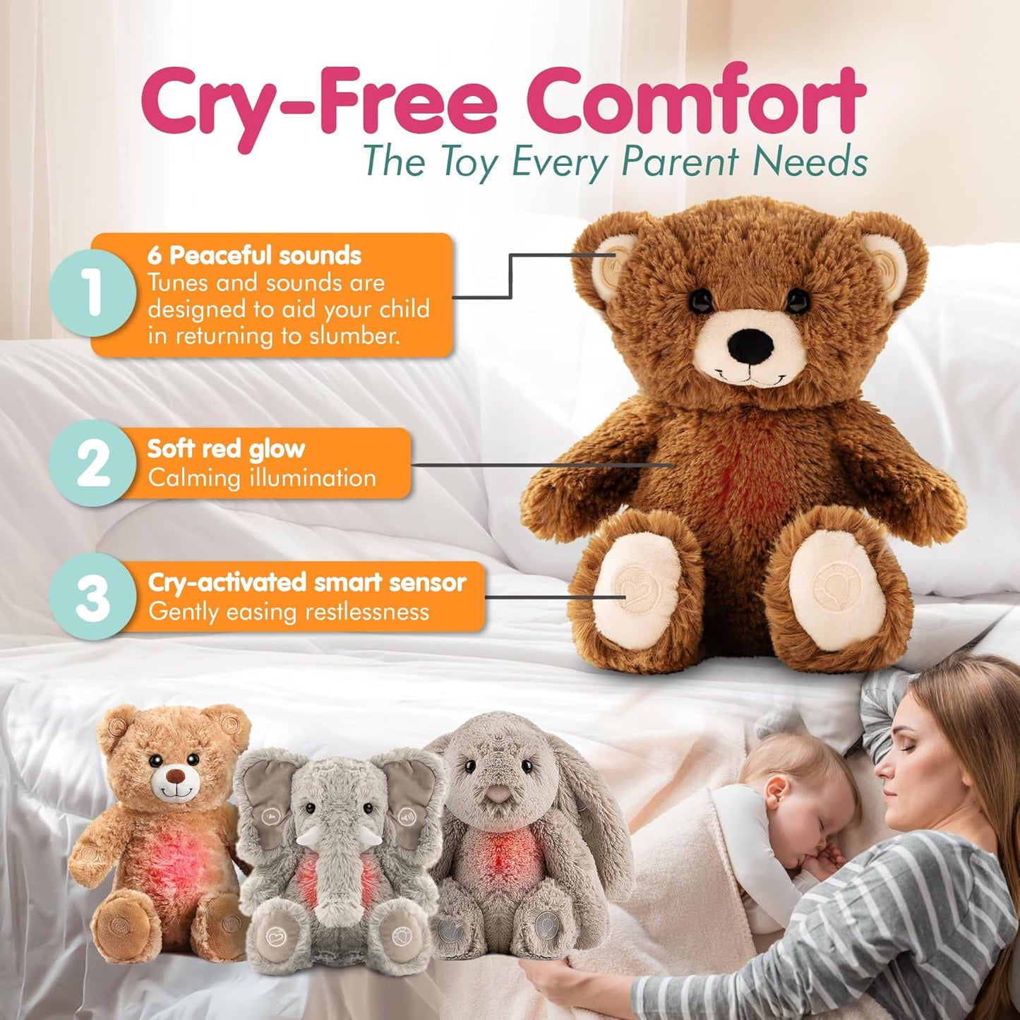 Gemma Joy Baby Sleep Soother Bundle – Cry Activated Heartbeat Elephant and Brown Bear, 2-Pack Plush Stuffed Animals with White Noise, Lullabies and Night Light, Both USB Rechargeable