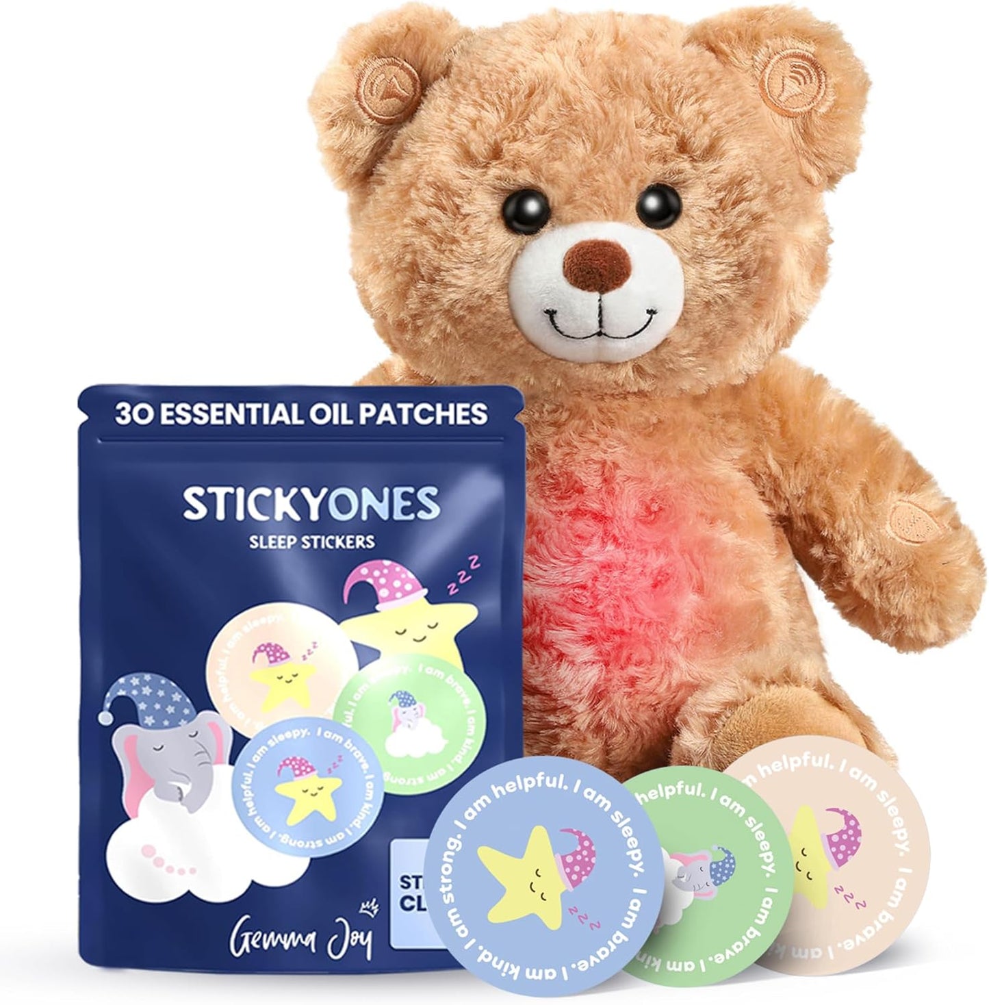Gemma Joy Sleep Bundle – Cry Activated Heartbeat Teddy Bear Soother and StickyOnes Kids Sleep Patches 30 Count, Sandalwood, Chamomile and Lavender – Melatonin-Free Baby Gift Set