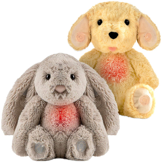 Gemma Joy Baby Sleep Soother Bundle – Cry Activated Heartbeat Bunny (Non-Rechargeable) and Puppy (Rechargeable), 2-Pack Plush Stuffed Animals with White Noise, Lullabies and Night Light for Newborns