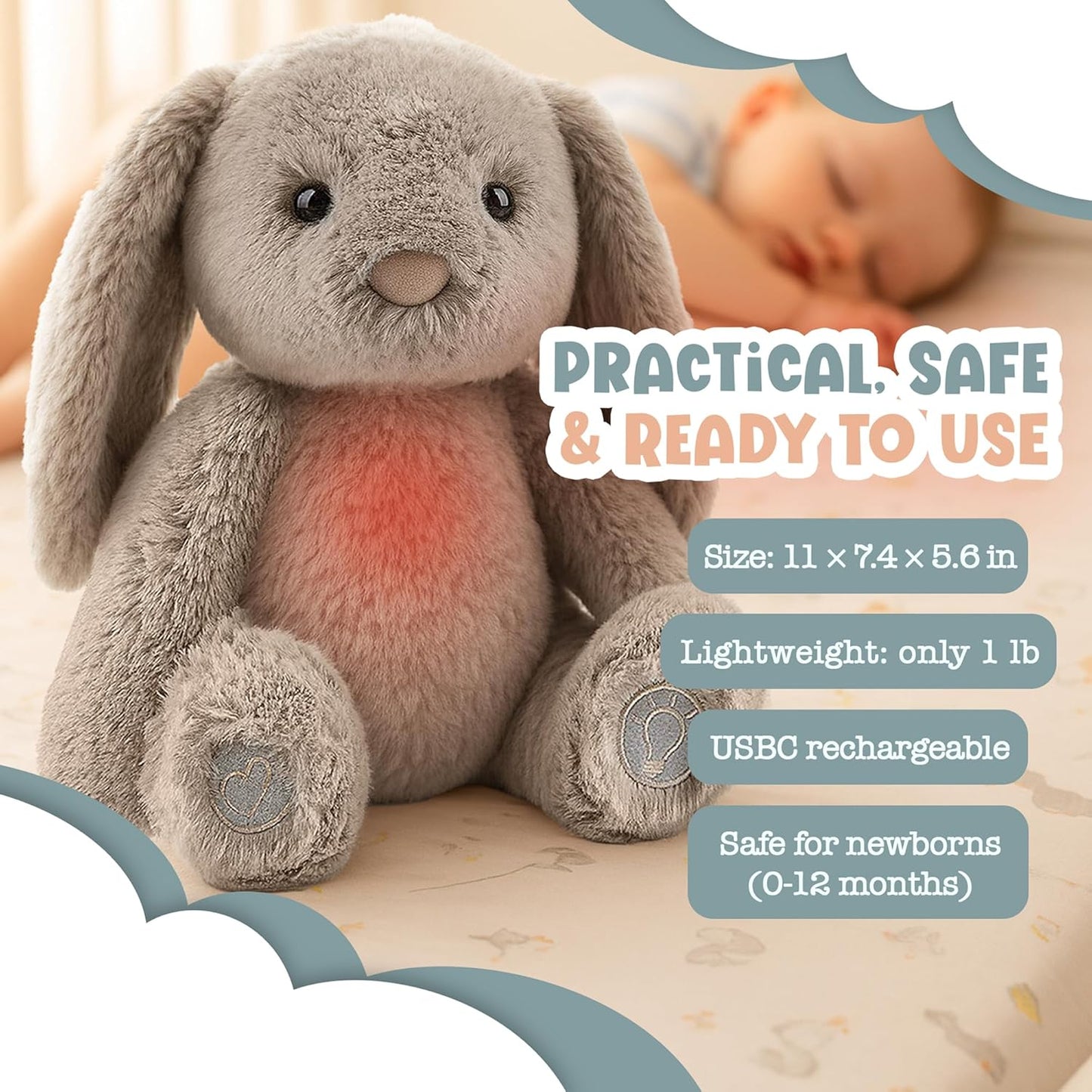 Gemma Joy Baby Sleep Soother Bunny 11 Inch – Cry Activated Heartbeat Stuffed Animal, Rechargeable Crib Soother with White Noise, Shush, Lullabies and Night Light – Newborn Baby Gift