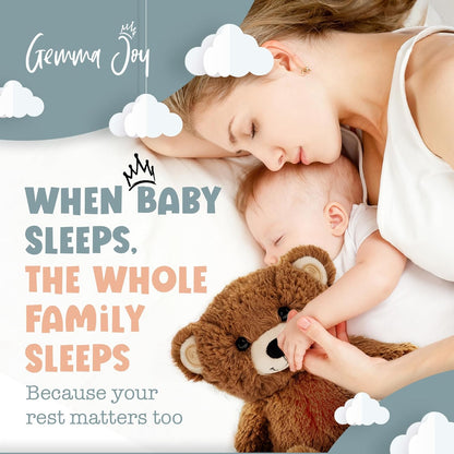 Gemma Joy Baby Sleep Soother Brown Bear for Baby – Cry Activated Heartbeat Stuffed Animal – Rechargeable Crib Soother with White Noise, Shush, Lullabies & Night Light