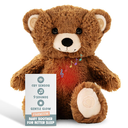 Gemma Joy Baby Sleep Soother Brown Bear for Baby – Cry Activated Heartbeat Stuffed Animal – Rechargeable Crib Soother with White Noise, Shush, Lullabies & Night Light