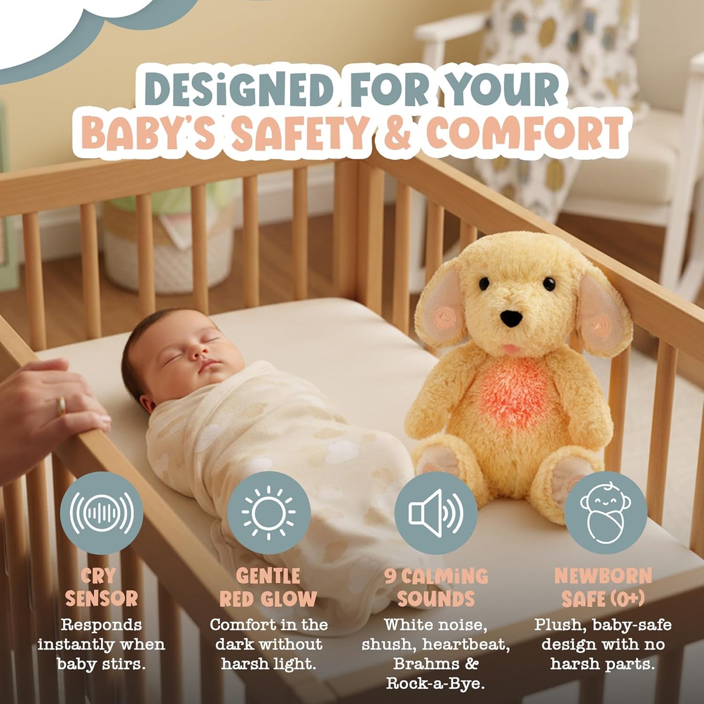 Gemma Joy Baby Sleep Soother Puppy for Baby – Cry Activated Heartbeat Stuffed Animal – Rechargeable Crib Soother with White Noise, Shush, Lullabies & Night Light