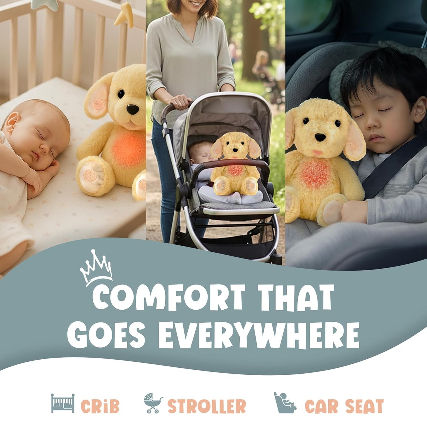 Gemma Joy Baby Sleep Soother Puppy for Baby – Cry Activated Heartbeat Stuffed Animal – Rechargeable Crib Soother with White Noise, Shush, Lullabies & Night Light