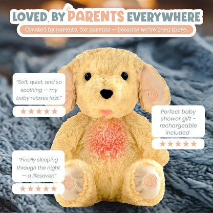 Gemma Joy Baby Sleep Soother Puppy for Baby – Cry Activated Heartbeat Stuffed Animal – Rechargeable Crib Soother with White Noise, Shush, Lullabies & Night Light